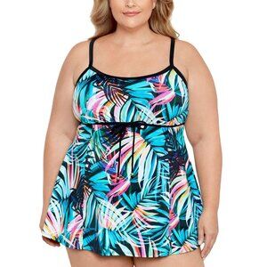 NWT Swim Solutions Control Empire Swimdress One Piece Fiesta Fronds Blue 22W